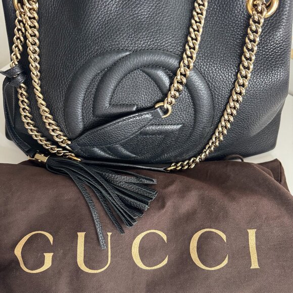 Authentic Gucci Soho Black Leather Double Chain Shoulder Bag Tote Black Gold - Picture 2 of 7